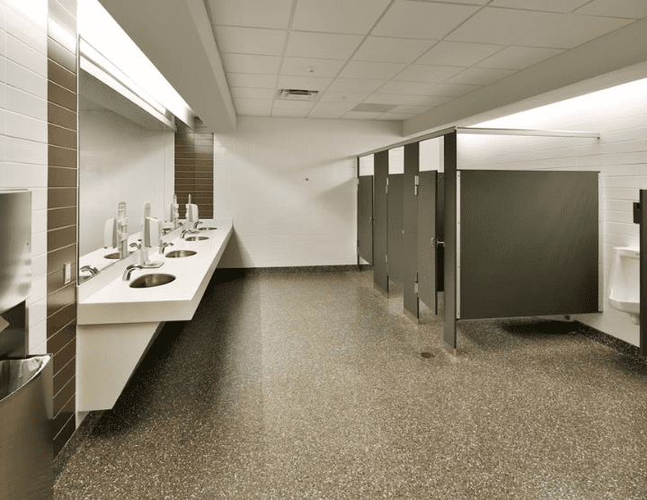 Newly deep-cleaned washroom in a commercial office building.